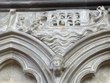 This is inside the Chapter House. It's octagonal building where the Abbot would have meetings from his "managers" all around the country, had about 60 seats.  Above the seats were stories in sculpture from the bible. This is Noah.