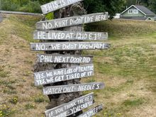 Funny sign posted on the property of the neighbor who lives right next to the bridge.