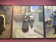 This tryptych, titled Beauty, Wealth and Intellect, is by Laszlo Toth. The beautiful woman on the left is a prostitute; the young scientist on the right is an anarchist making explosives; and the central image capture the temptation of innocent youth. Up until this time, tryptych's were used for religious art. So this is unusual for a tryptych to convey the social ills of the time.