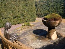 Caerau Gardens - spiral maze with statue and fountain