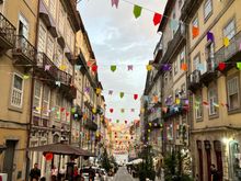 Our street for the apartment at 9pm, looking straight down to the river. The decorations (I believe) is for the festival of Sao Joao, which was to take place the day after we leave (June 23)