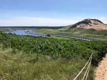Greenwich Dunes boardwalk over dunes and the pond