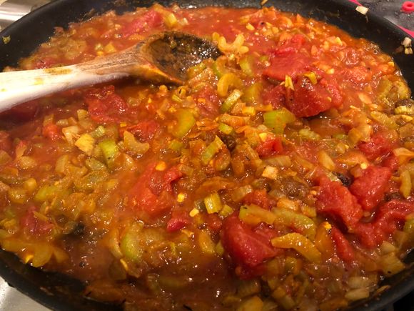 
Sauce of tomatoes, onions, peppers, celery, garlic,  curry