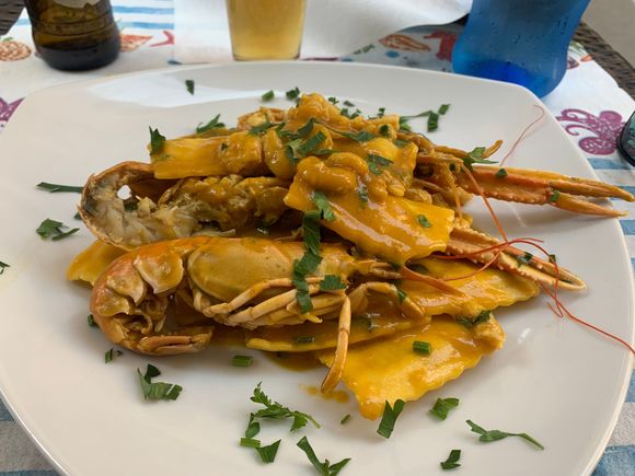 Ravioli with Baby Shrimp and Jumbo Prawns in a Pumpkin Sauce.  Siracusa.