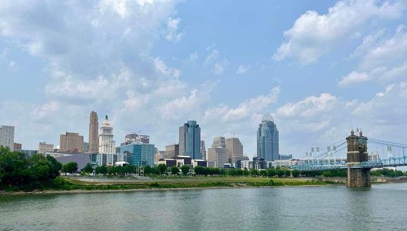 Cincinnati skyline with Ohio River and a part of the gorgeous Roebling Bridge
