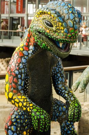 This 'drac animacio' figure was called 'Loki'. He and his little brother 'Aro' were created in 2022 by Elais Alvarez to represent the El Coll neighborhood up in Gracia. Loki is shown here on display days before the fest at Born's Cultural Center, a former market with ancient foundation ruins on display. 
