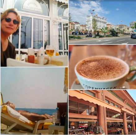 2004 - lunch at the Carlton and snoring beach goer / 2023 - so happy to be back in Cannes!
