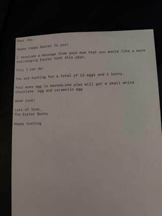 Easter bunny note, has very good typing skills!