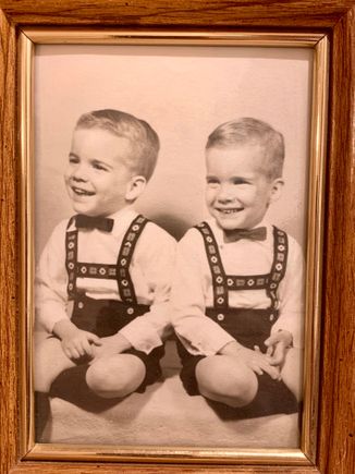 You could best tell us apart by our hair parts. Although we were frequently dressed alike, I was always in blue, mom’s favorite color…while he was in red. 