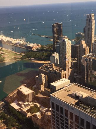 The view from the women’s bathroom. The Signature Room at the 95th Floor  John Hancock Building. We had drinks with a view here. 