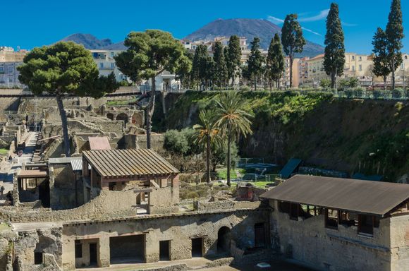 Vesuvius looms in the background...
Exotic tree species are found throughout the site nowadays, in a successful effort to re-create the authentic setting and atmosphere.