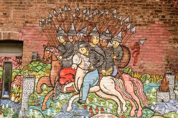 Montreal has so much excellent street art that there is an official display district  wherein work gets changed annually. Le Plateau neighbourhood is a good place to search out such murals. I was surprised to see historical imagery in a number of pieces.