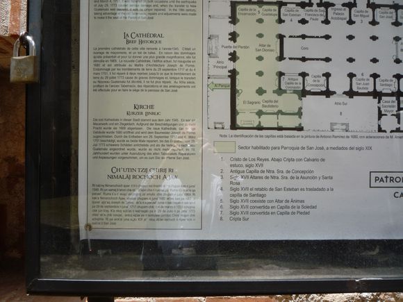 A brief history of the San José cathedral in several languages, including Chkchiquel Mayan.