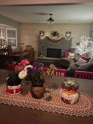 Here’s some of my Christmas decor just now. My daughter gave me the nutcracker succulents, the brown vase was a wedding gift so it’s old, the glass ornament next to the brown vase came from Dingle, Ireland, the braided table runner was from the Chelsea Flower Show in London this past May, and the snow people on the mantle were hand painted by my friend’s daughter. I have stories about all my Christmas stuff, I love it. My big Christmas tree is in the living room. 
