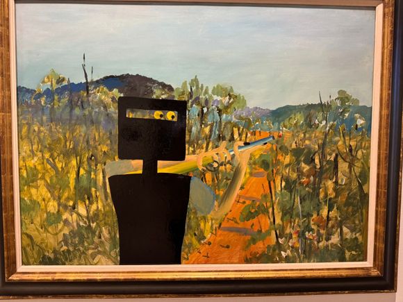 This painting is part of Sidney Nolan's famous Ned Kelly's series. The history of Ned Kelly reminds me of the wild west days in the United States. Kelly and his gang were bushrangers (outlaws) in Victoria's Wombat Ranges.