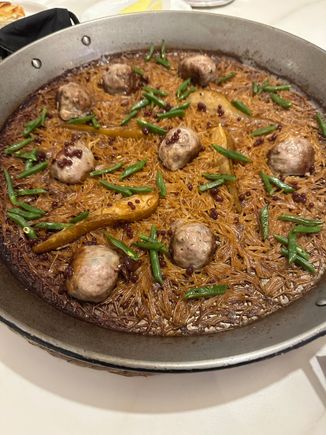 Our fideua (with cut noodles instead of rice):  Figatelll, green beans, duck and pears!!!