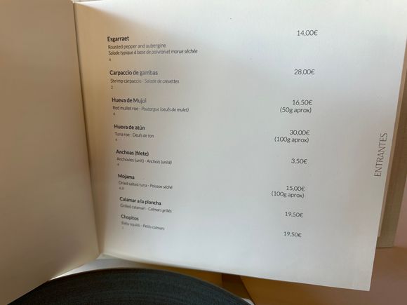Cold starters, among them the esgarret, typical "salad" of Spain's eastern coast.   Two types of peppers, eggplant, and bits of bacalao drenched in fruity olive oil from near Murcia.  Fantastic!!!  Fantastic!!!!