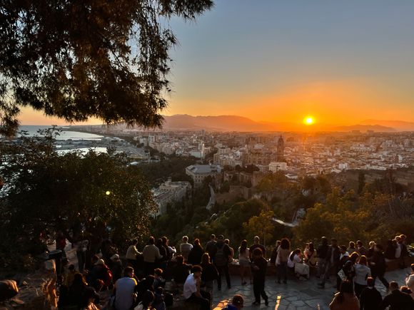 Mirador de Gibralfaro for sunset. We are slightly above the viewing platform - you can see how many people are there.