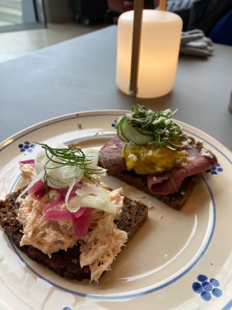 Open face sandwiches - one roast beef and one smoked salmon salad