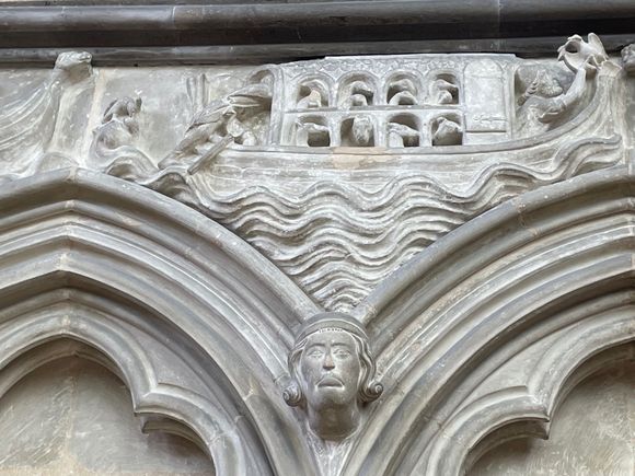 This is inside the Chapter House. It's octagonal building where the Abbot would have meetings from his "managers" all around the country, had about 60 seats.  Above the seats were stories in sculpture from the bible. This is Noah.