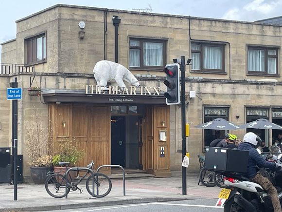 This building was a former brewery, bombed by the Germans, bloody Huns, and then turned into a pub after the war.  It's a restaurant now and the bus stops right here!