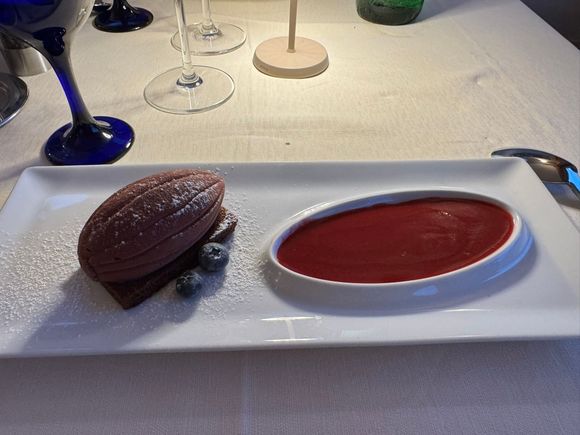 Ed's awesome dessert - chocolate mousse with raspberry sauce