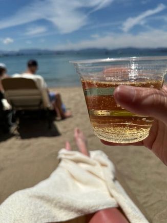 Champagne lakeside. Can confirm that the lake is cold. I have been in just far enough and long enough to pee. 