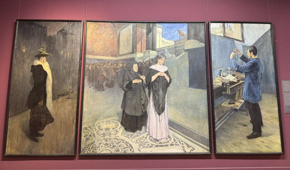 This tryptych, titled Beauty, Wealth and Intellect, is by Laszlo Toth. The beautiful woman on the left is a prostitute; the young scientist on the right is an anarchist making explosives; and the central image capture the temptation of innocent youth. Up until this time, tryptych's were used for religious art. So this is unusual for a tryptych to convey the social ills of the time.