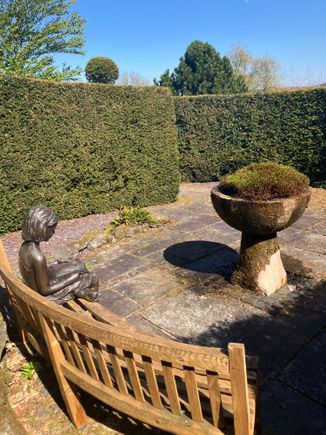 Caerau Gardens - spiral maze with statue and fountain