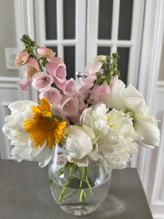 Last of peonies plus foxglove and lone coreopsis 