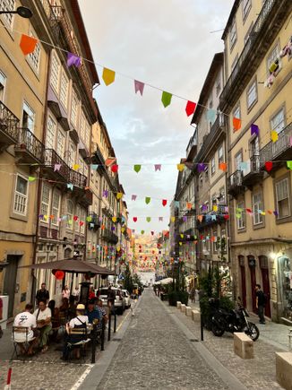 Our street for the apartment at 9pm, looking straight down to the river. The decorations (I believe) is for the festival of Sao Joao, which was to take place the day after we leave (June 23)