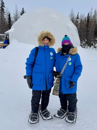 Yury and I about to hike using snowshoes, which have come a long way since the old days.