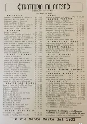 Menu from Trattoria Milanese 1933