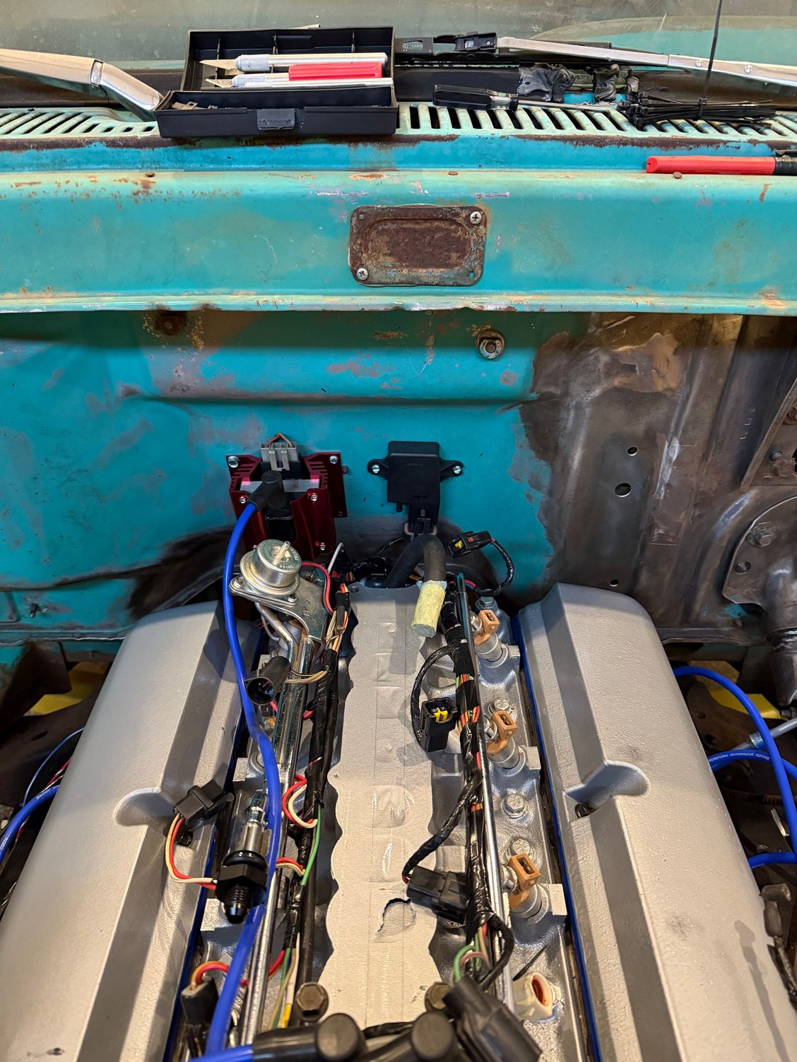 I used screws to temporarily mount the coil and MAP sensor. I will weld captive nuts to the firewall and use bolts. 