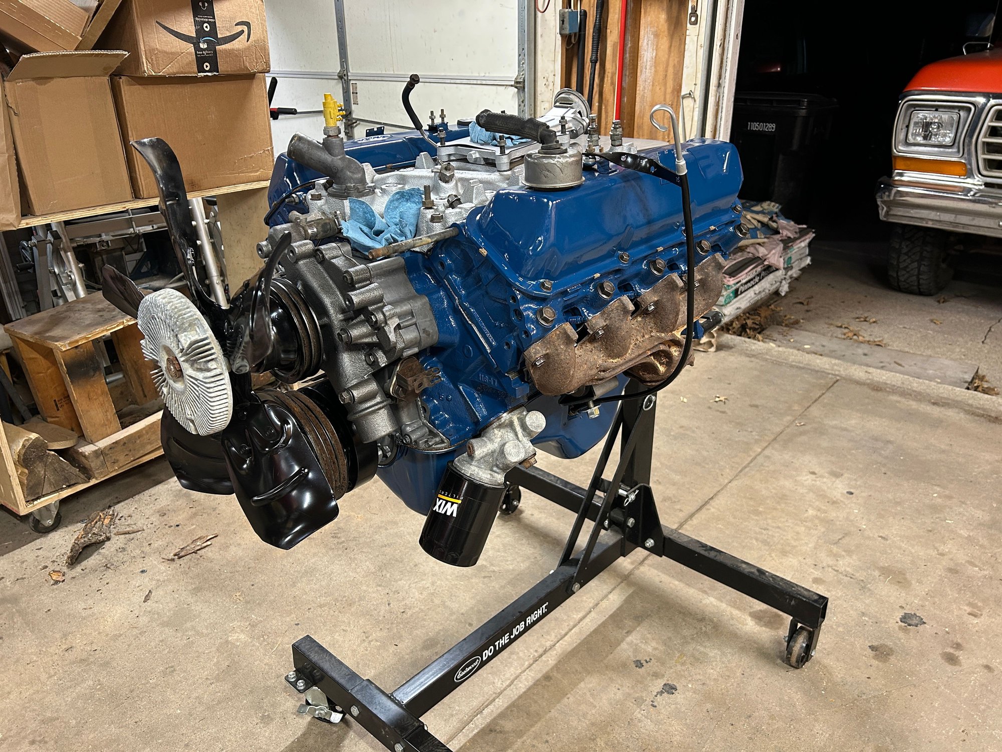 So today I got the water pump nipple installed, the manifolds installed, the dipstick installed, put the fan on, the crankshaft pulley, I grabbed a new oil filter when I went to the parts store. I still have a little more to do.  I still have to put the new freeze plugs in. And I still have the carburetor to rebuild at some point, but I got quite a bit done today. It�s getting there. 