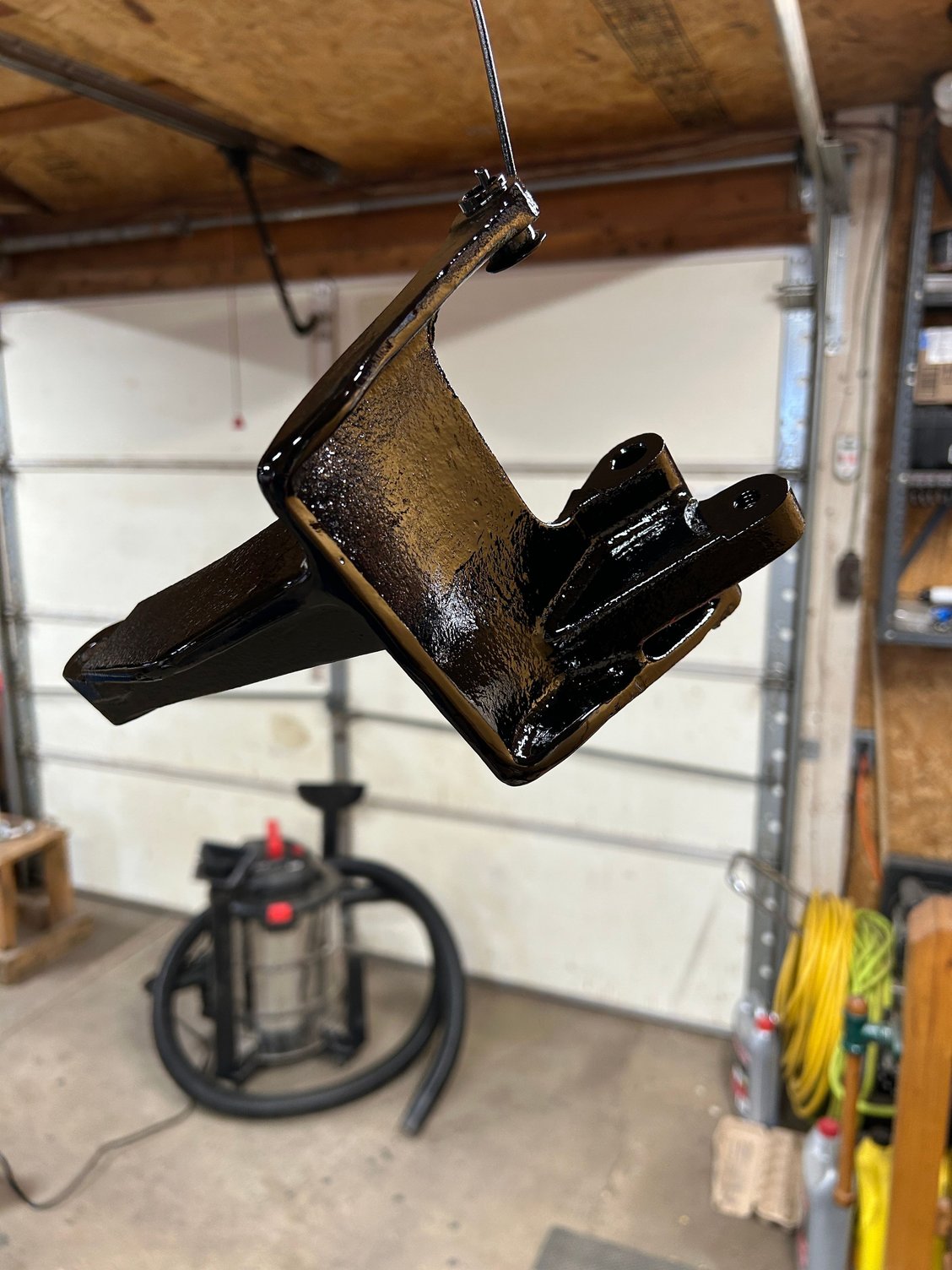 After I got them painted, I let them air out a little bit outside. It was like 58� so it wasn�t too bad. I could let them off gas for a little bit and then I brought them into the garage and hung them up to cure.