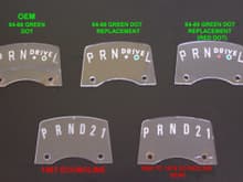 Picture showing my replacement shift indicator plates that I make and the differences