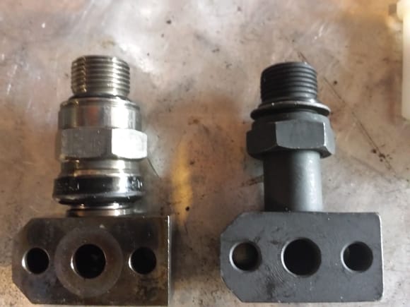 Left: old design that commonly leak
Right: new improved design with an oring backed up by a locking nut and sealing washer.