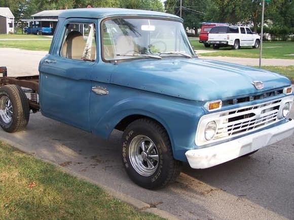 My '66 F 100 swb. I drug it up from Florida when I moved back to Indiana. It's an old farm truck as far as I know. It's not in too bad condition really, I need to go through everything one part at a time but at least now it runs good and as soon as the bed is on I can use it like a truck. It's not for racing or showing, it's my near every day hauler.