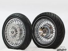 28 Spoke chrome wheels with matching discs, chrome rotor bolts and Dunlop American Elite narrow white wall tires.