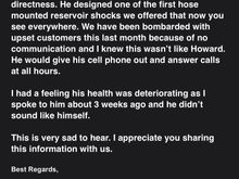 This is a response from Ohlins when I contacted them, in it you can see him giving Howard props for developing a shock while stating basically Howard was Howard.