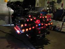 over 40 lights on the back. most are vintage bullets with glass lenses. 