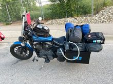 How I set up my bike.  The pink clipboard is where I had the directions, at night I had a flashlight around my neck so I could read it.
