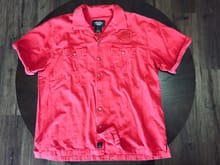H-D Black Label Shirt. Color is RED (Looks pink in photos). Snap buttons, distress look. $10
