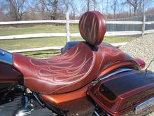 C&amp;C Seats Brown Rust Flame Inserts Seat
http://www.sideroadcycles.com/AmericanMotorcycles/Seats/Motorcycle_Seats.html