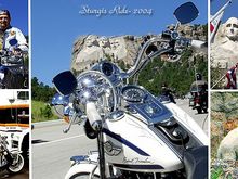 A composite of several pix takes along the ride from Sturgis to Mt. Rushmore, THE favorite spot for rally participants, during the week-long Black Hills Rally. The mountain goat was just perched on a rock above the highway, watching the bikes go by!
