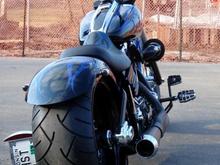 REAR VIEW
HHI Side-Mount Plate w/ Drive-Side Brake
Airea5150 Paint w/ Powdercoated Pieces
2-1 Short Megaphone Bassani Exhaust
Renegade Wheel w/ Metzler Tire