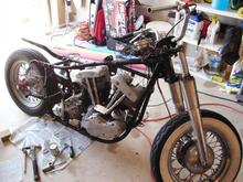 I wrinkle painted the frame and mounted the newly rebuilt shovel, NOW WE'RE ROLLIN'