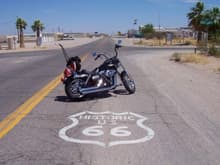 My 2007 Street Bob on Route 66 on the way to Oatman, AZ.  A little over 2500 miles round trip from Colorado Springs to Vegas and back.
