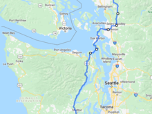 Sumas, and down highway 9... over the boat, and down the East side of the Olympic peninsula, which is brand new road to me... the border and the boat would be the only wait times... I have done the 101 on the west side several times...